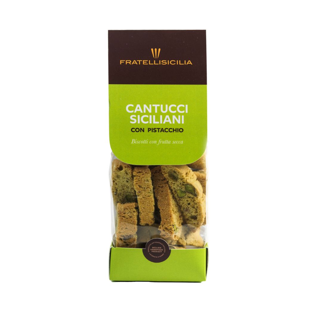 Cantucci siciliani al pistacchio in confezione verde – Fratelli Sicilia distribuiti da Radici Group