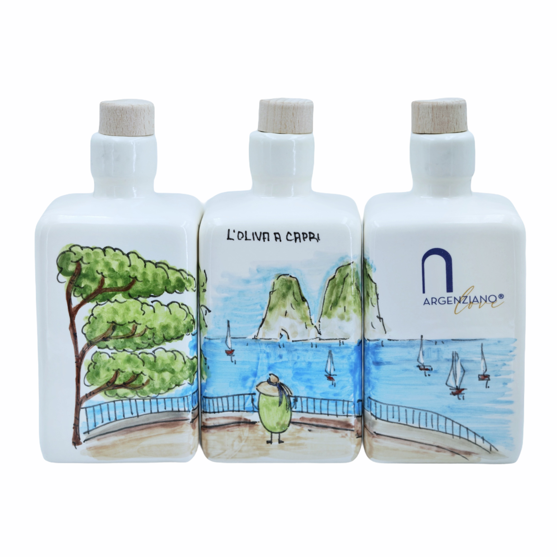 Set di bottiglie dipinte a mano – L’oliva a Capri – Argenziano ceramiche, distribuiti da Radici Group