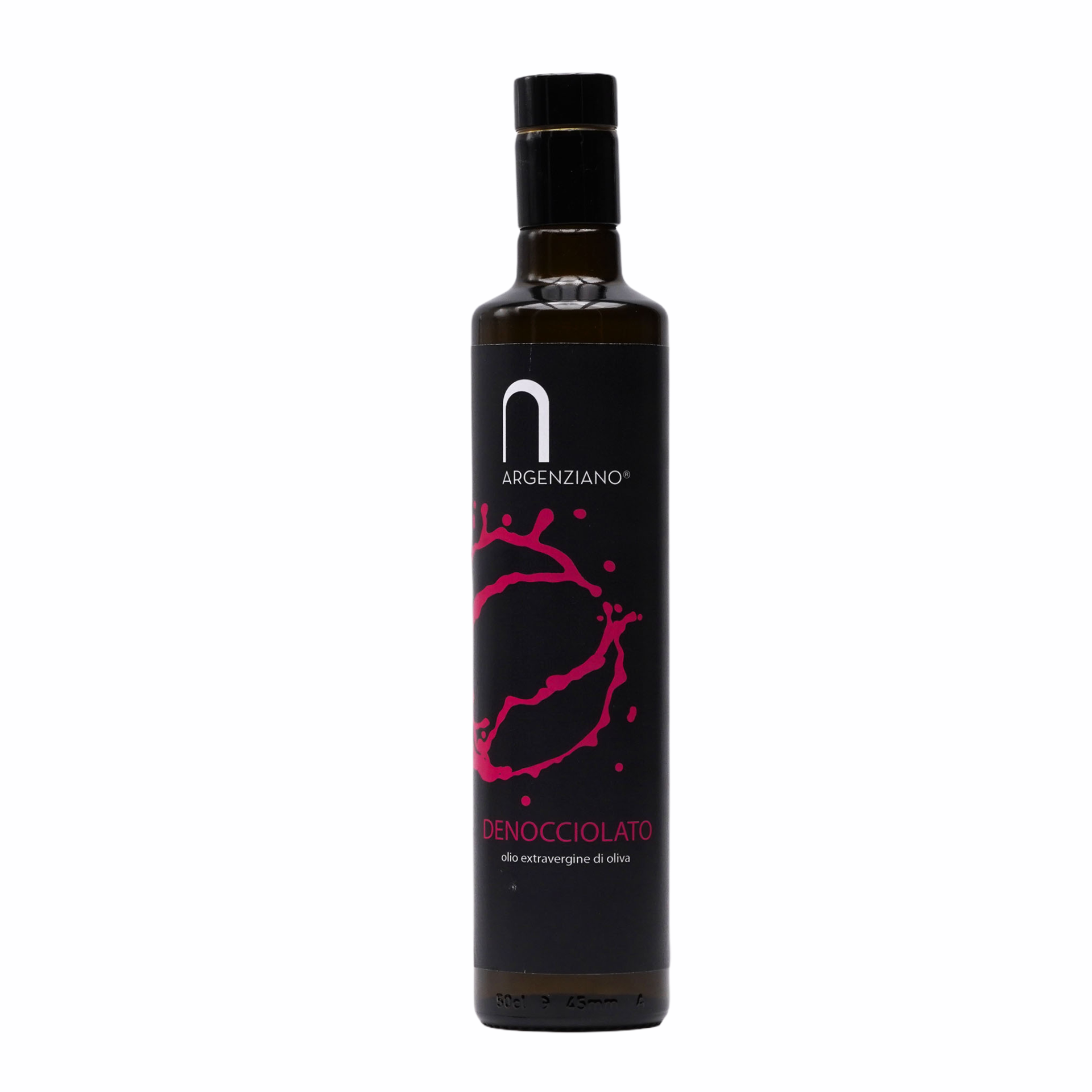 Bottiglia nera con etichetta fucsia – olio extravergine denocciolato Argenziano, distribuiti da Radici Group