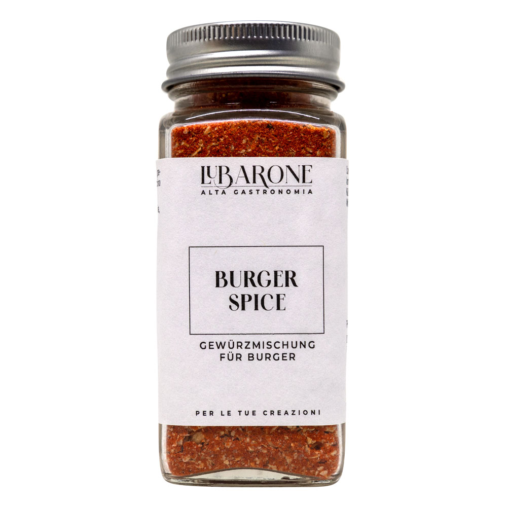Spezie per hamburger in barattolo di vetro, miscela gourmet LuBarone, distribuita da Radici Group