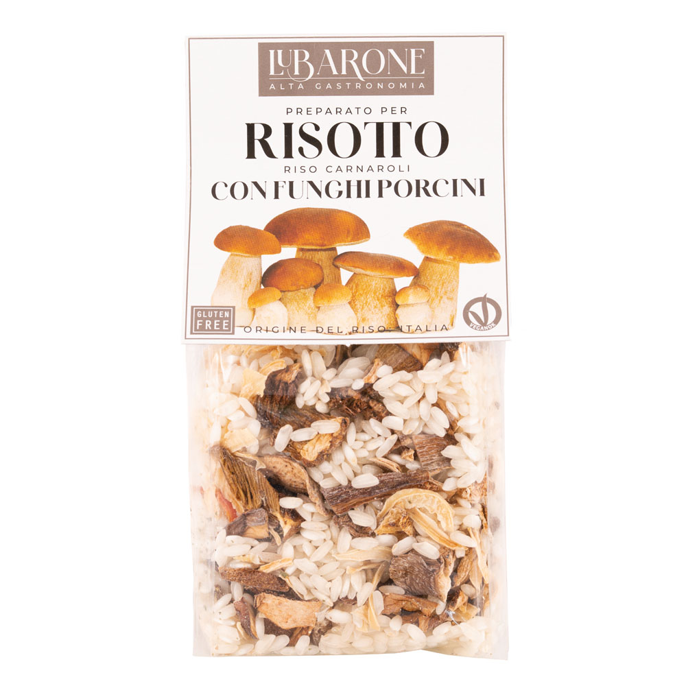 Preparato per risotto con funghi porcini LuBarone, con riso Carnaroli italiano, distribuito da Radici Group