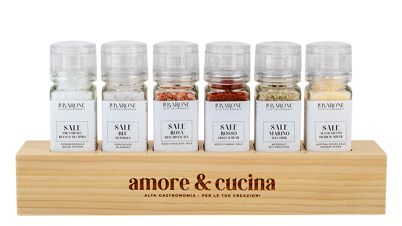 Set di sali gourmet internazionali LuBarone in macinini, per la cucina creativa, distribuito da Radici Group