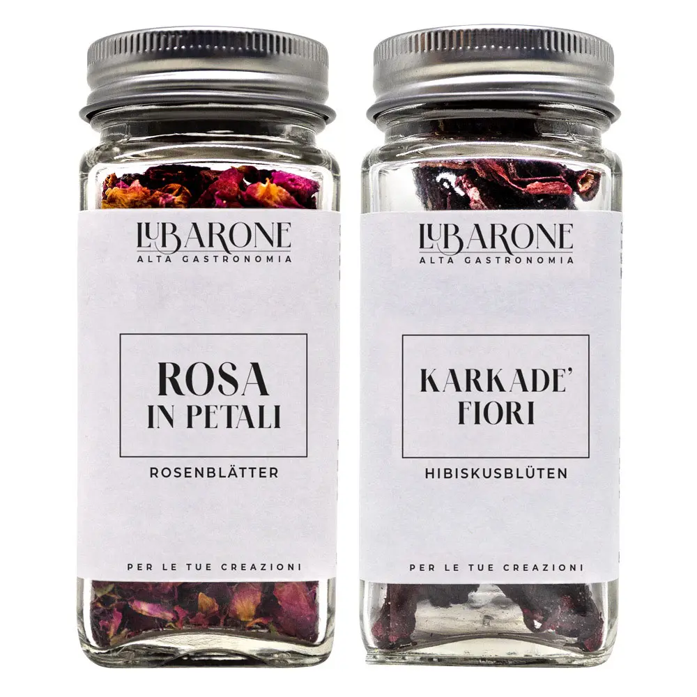 Fiori essiccati commestibili in petali: rosa e karkadè, per uso gastronomico, prodotti da LuBarone, distribuiti da Radici Group